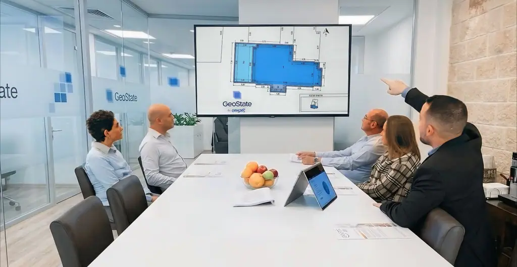 צוות גאוסטייט בחדר הישיבות, עובר על תשריט מדידה שמוצג על המסך.